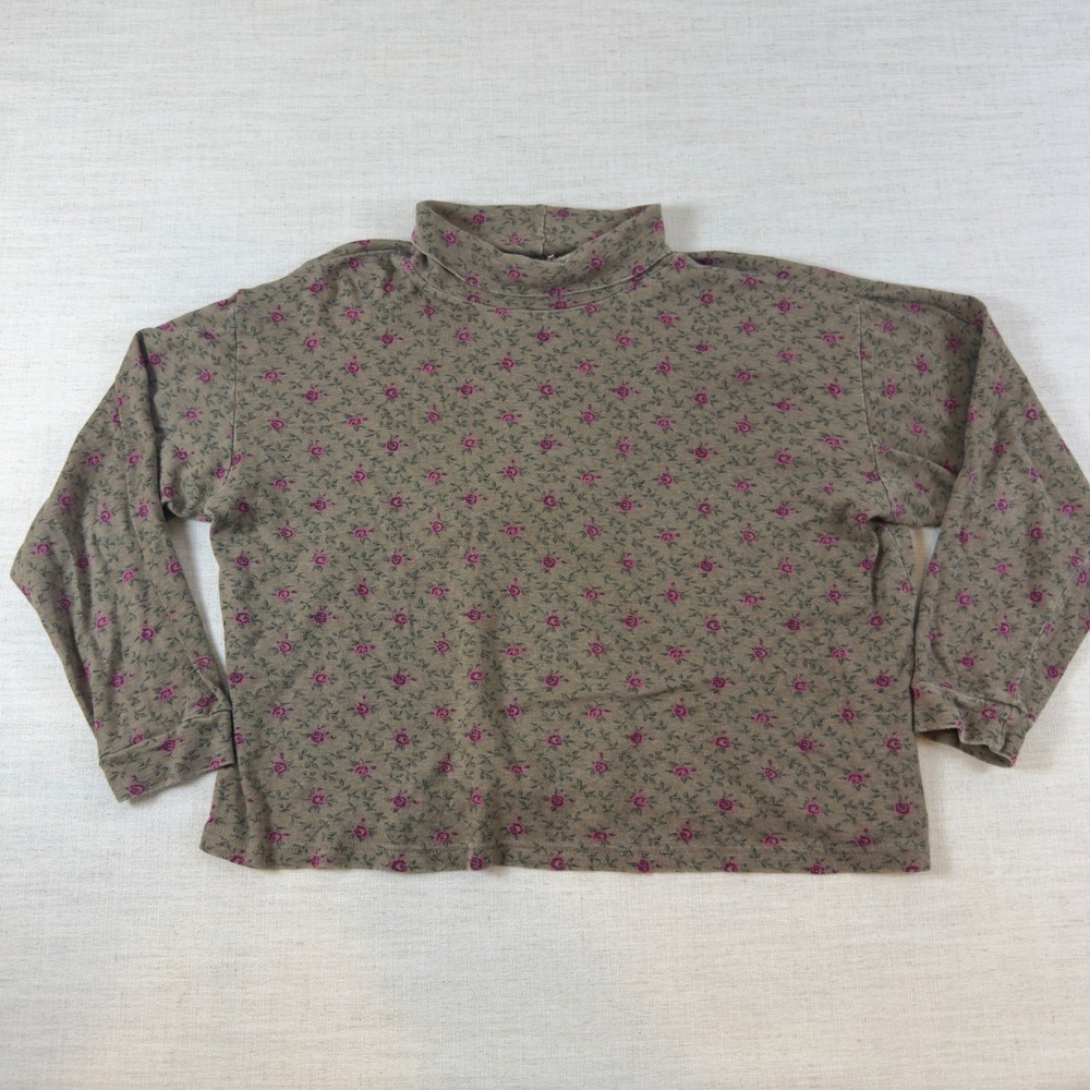 Vintage Northern Reflections Mock Neck Floral Rose Print Top Taupe Pink XL